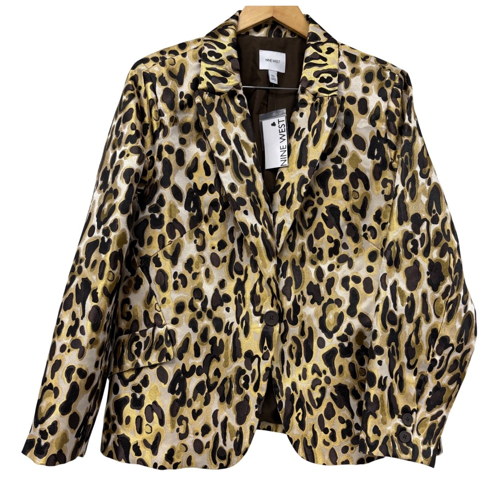 Nine West Leopard Print Metallic Jacquard Blazer Gold Black XXL WW33Z700RN1 NWT